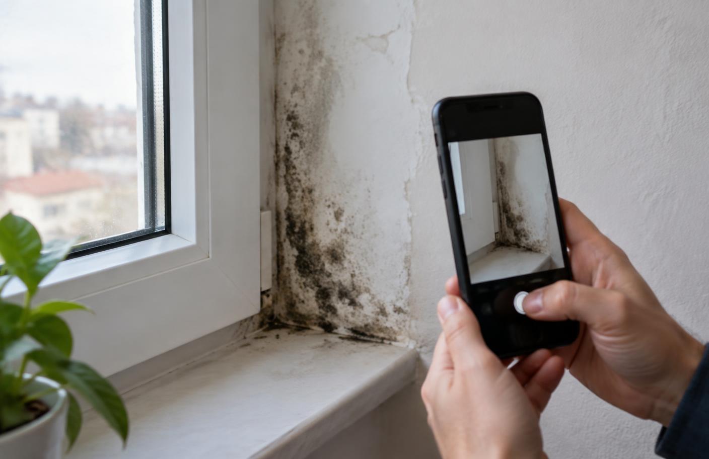 Mieter fotografiert Feuchtigkeitsschaden an einer Wand